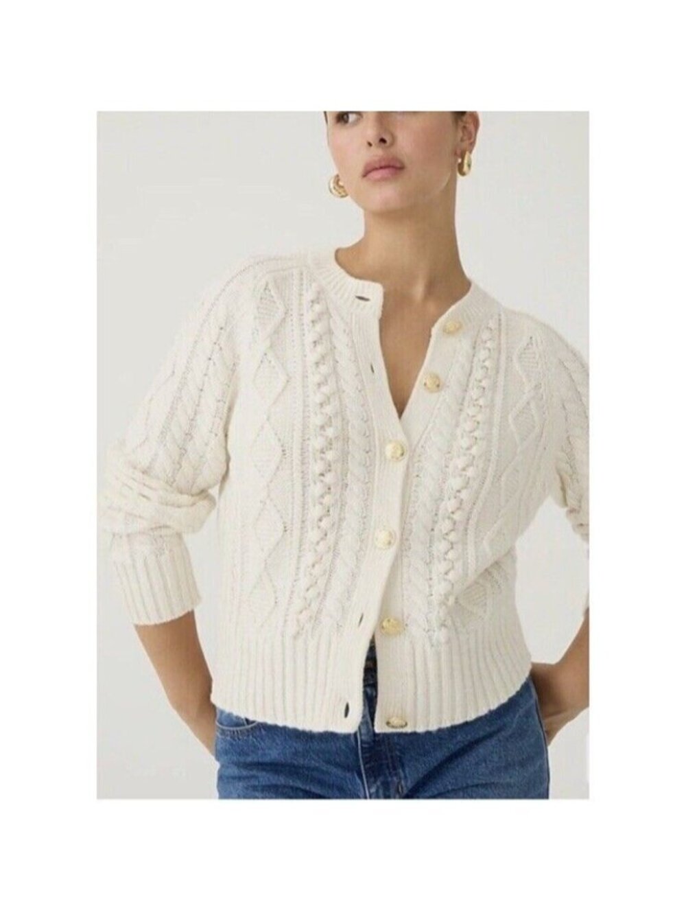 NWT J.Crew Cable-knit Cardigan Sweater in Ivory Wool Blend M